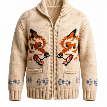 Beige Fox Intarsia Zip-Up Cardigan with Shawl Collar