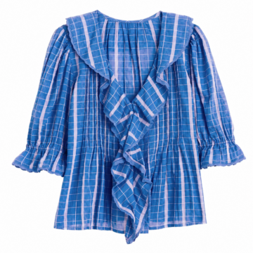 Blue and White Windowpane Check Ruffle Blouse