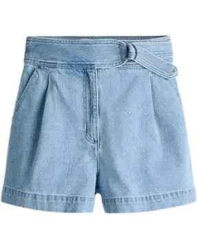 Light Blue High-Waisted Denim Shorts with Self-Tie Belt