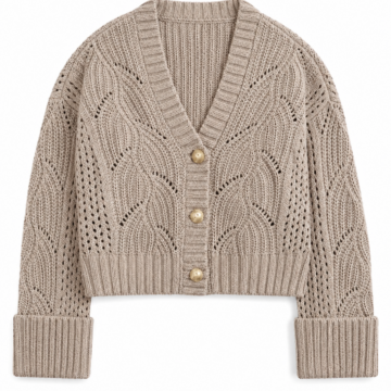 Beige Cropped Pointelle Cardigan with Gold Buttons