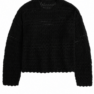 Black Cropped Pointelle Crew Neck Sweater