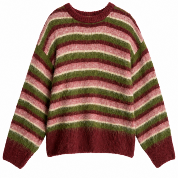 Burgundy Pink Olive Striped Fuzzy Knit Sweater