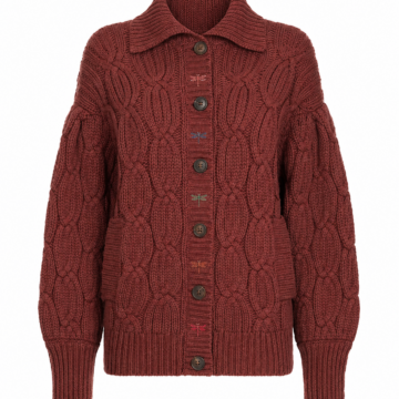 Dark Red Cable-Knit Collared Cardigan