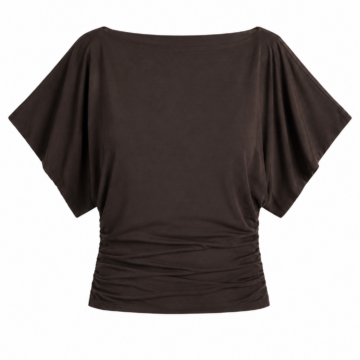 Dark Brown Boat Neck Dolman Sleeve Ruched Top