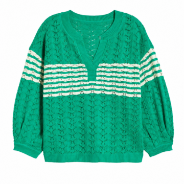 Green Striped Pointelle V-Neck Knit Sweater