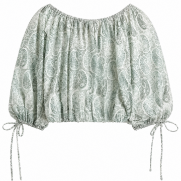 Light Green Paisley Off-Shoulder Crop Top with Drawstring Sleeves