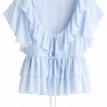 Light Blue Peplum Blouse with V-Neck and Flutter Sleeves