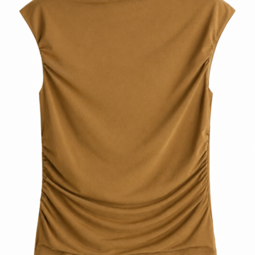 Brown Ruched Scoop Neck Cap Sleeve Fitted Top