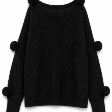 Black Oversized Ribbed Knit Sweater with Pom-Pom Details