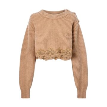 Beige Ribbed Knit Cropped Sweater with Scalloped Lace Hem