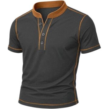 Charcoal Henley Polo with Tan Contrast Collar and Buttons