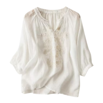 White Floral Lace Panel 3/4 Sleeve Boho Blouse