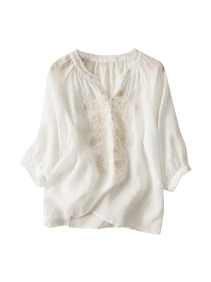 White Floral Lace Panel 3/4 Sleeve Boho Blouse