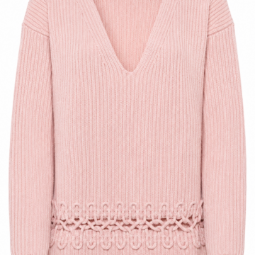 Light Pink V-Neck Ribbed Knit Sweater with Openwork Hem