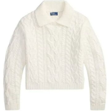 White Cable-Knit Cropped Sweater with Polo Collar