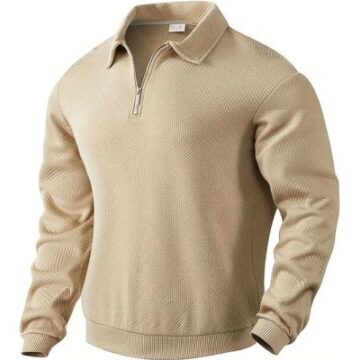 Beige Quarter-Zip Pullover Sweater with Chevron Texture