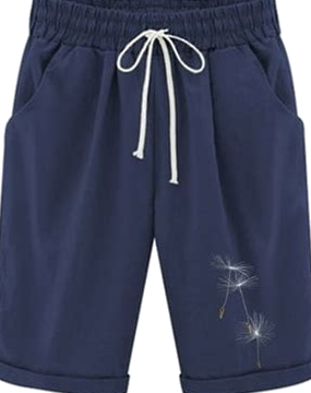 Navy Blue Pull-On Shorts with Dandelion Embroidery and Rolled Cuff